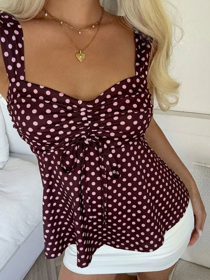 CovetEZ 2026 Spring/Summer New Women's Apparel: Brown Polka Dot Cute Casual Versatile Ruffle Drawstring Blouse/Tank Top,Summer Top
