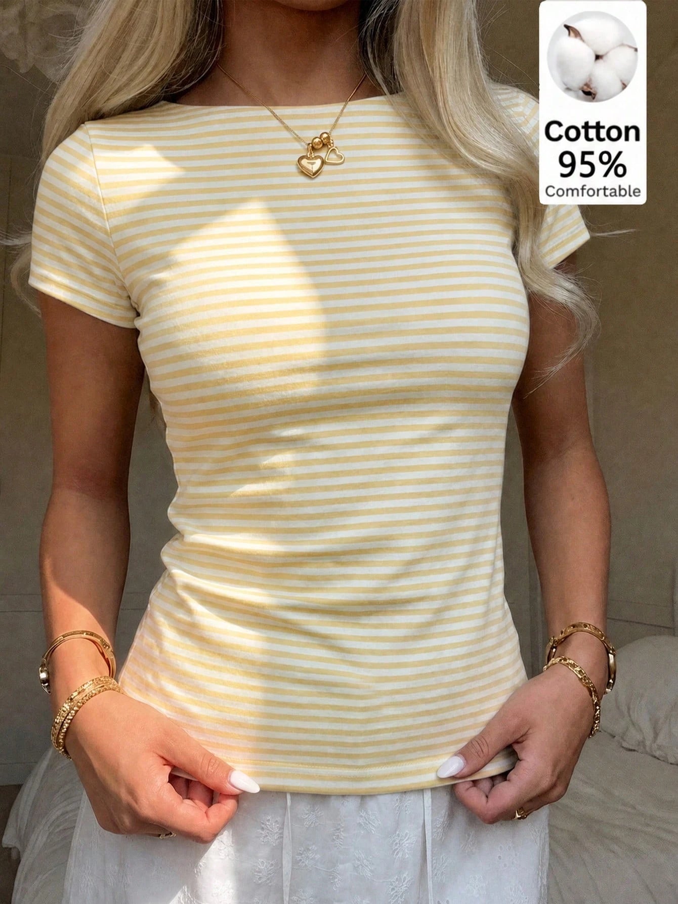 CovetEZ 95% Cotton Comfortable Casual Minimalist Sexy Daily Versatile Party Airport Y2K Tops, Cream Yellow & White Fine Striped Short Sleeve T-Shirt, Summer, Outing Wear Women's T-Shirt