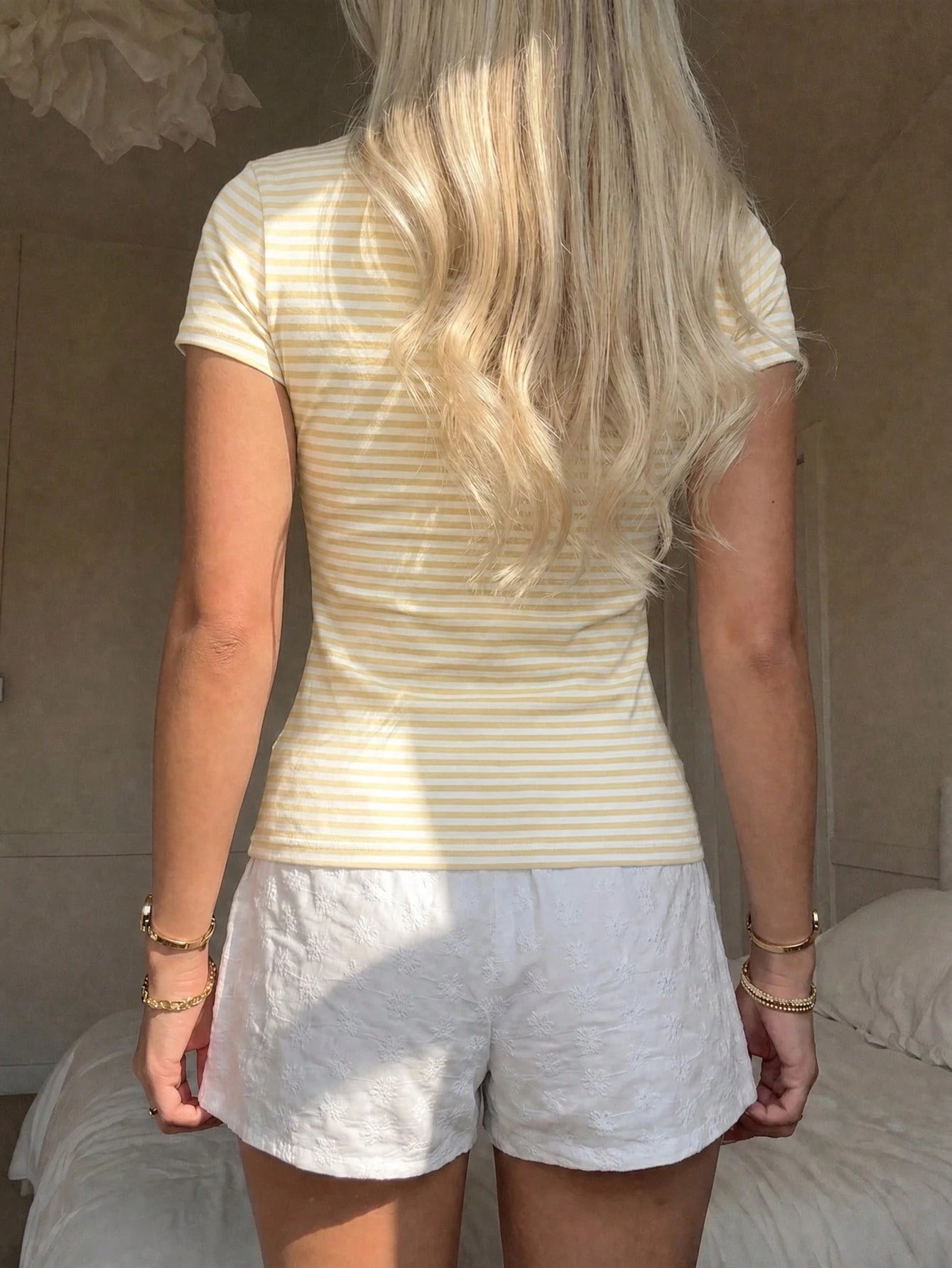 CovetEZ 95% Cotton Comfortable Casual Minimalist Sexy Daily Versatile Party Airport Y2K Tops, Cream Yellow & White Fine Striped Short Sleeve T-Shirt, Summer, Outing Wear Women's T-Shirt