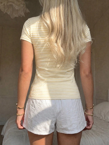 CovetEZ 95% Cotton Comfortable Casual Minimalist Sexy Daily Versatile Party Airport Y2K Tops, Cream Yellow & White Fine Striped Short Sleeve T-Shirt, Summer, Outing Wear Women's T-Shirt