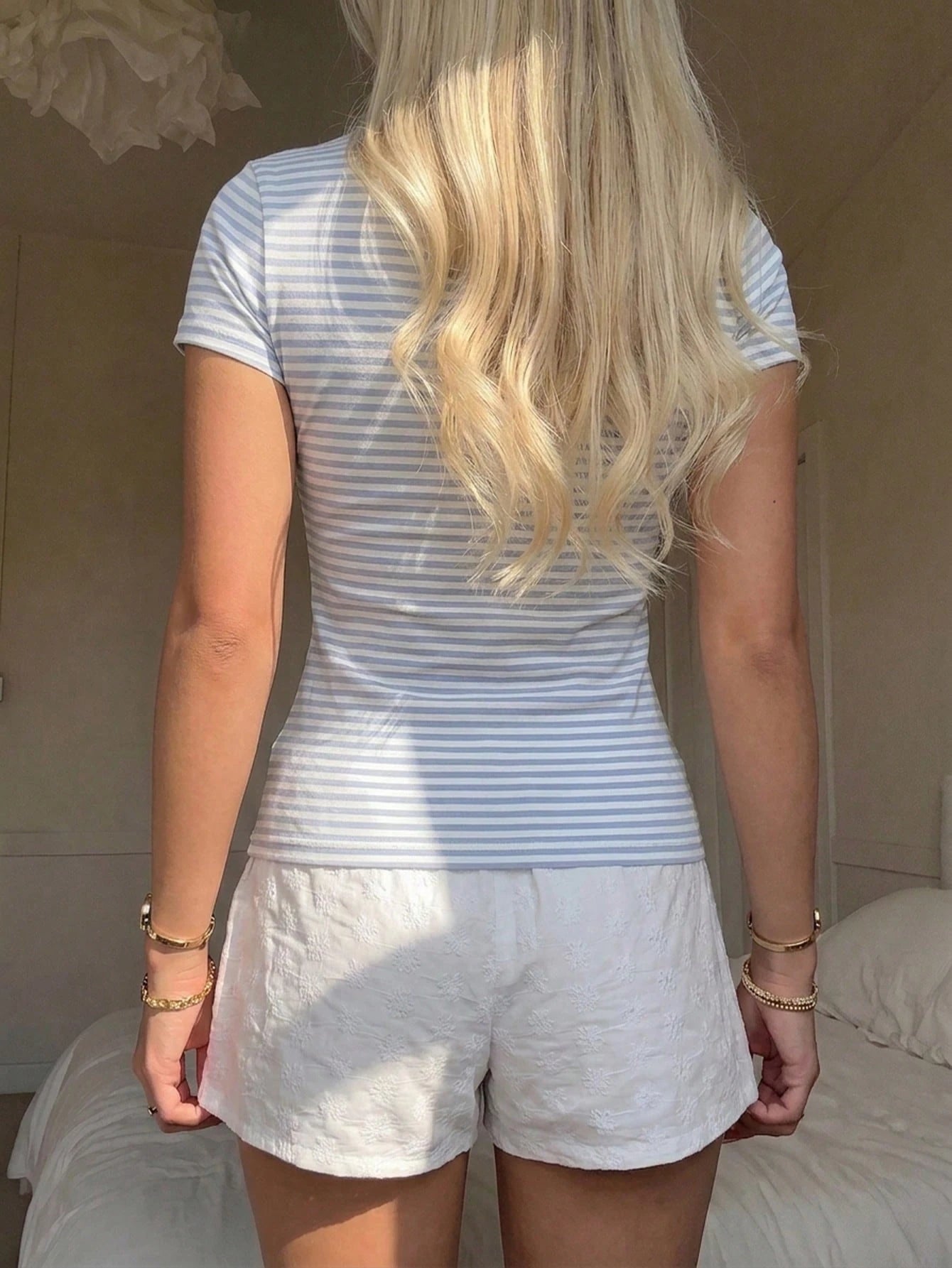 CovetEZ 95% Cotton Comfortable Casual Minimalist Sexy Versatile Daily Party Airport Y2K Tops, Blue And White Fine Striped Short Sleeve T-Shirt, Summer, Outing Wear Women's T-Shirt