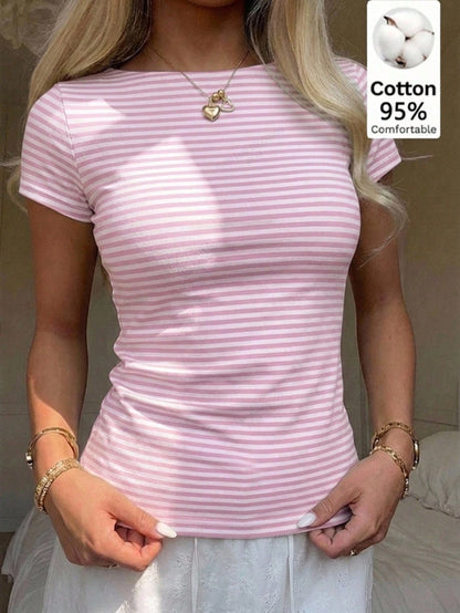 CovetEZ 95% Cotton Comfortable Casual Minimalist Sexy Versatile Daily Party Airport Y2K Tops, Blue And White Fine Striped Short Sleeve T-Shirt, Summer, Outing Wear Women's T-Shirt