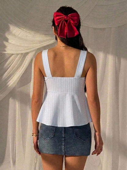 CovetEZ Casual Minimalist Style Light Blue Asymmetrical Striped Drawstring Camisole Tank Top, Outdoor Wear, Vacation, Cute Summer Suitable For Spring &