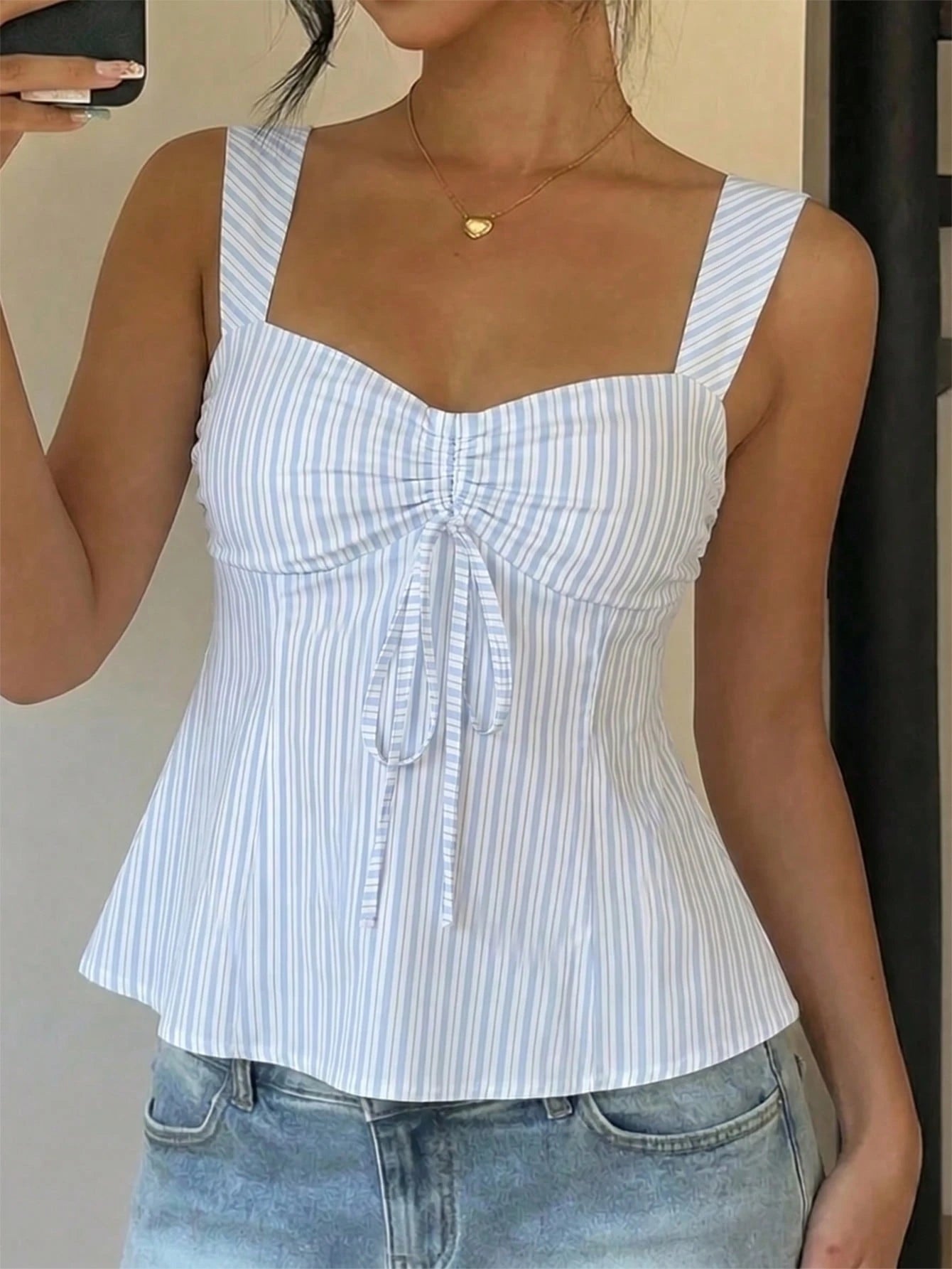 CovetEZ Casual Minimalist Style Light Blue Asymmetrical Striped Drawstring Camisole Tank Top, Outdoor Wear, Vacation, Cute Summer Suitable For Spring &