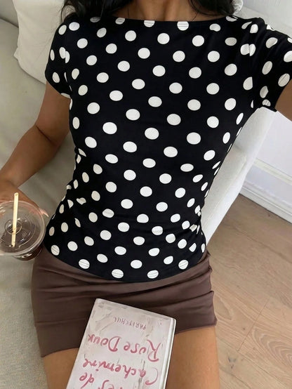 CovetEZ Casual Simple Black And White Polka Dot Print Pattern Women's Casual T-Shirt Suitable For Summer