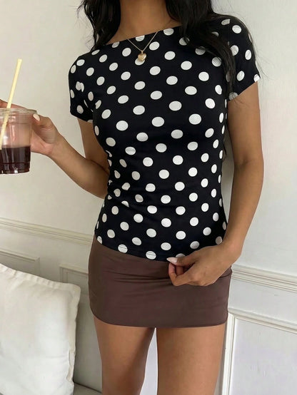 CovetEZ Casual Simple Black And White Polka Dot Print Pattern Women's Casual T-Shirt Suitable For Summer