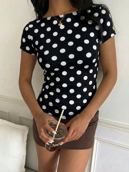 CovetEZ Casual Simple Black And White Polka Dot Print Pattern Women's Casual T-Shirt Suitable For Summer