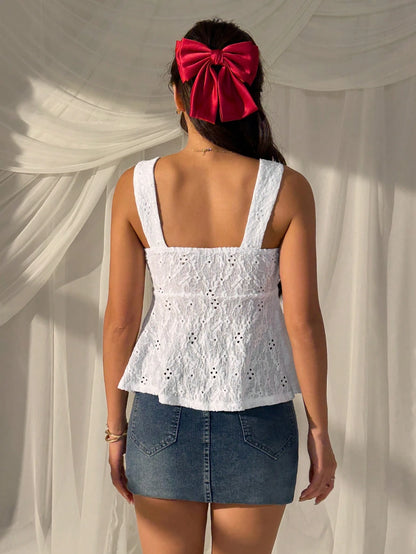 CovetEZ Summer Tops Hollow Out White Lace-Up Casual Boho Romantic Bohemian Vacation Tank Top For Women Vacation