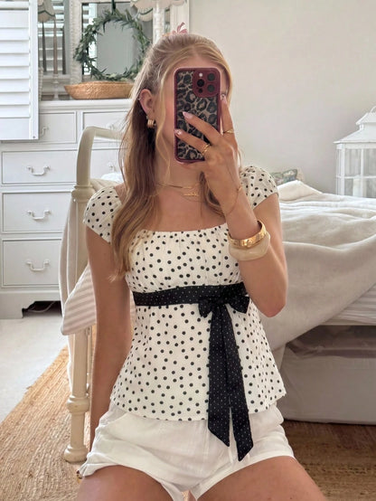 CovetEZ Women's White With Black Polka Dots Summer Elegant French Vacation Top,Square Neck Puff Sleeve Top With Bow Detail Waist Tie, Chic