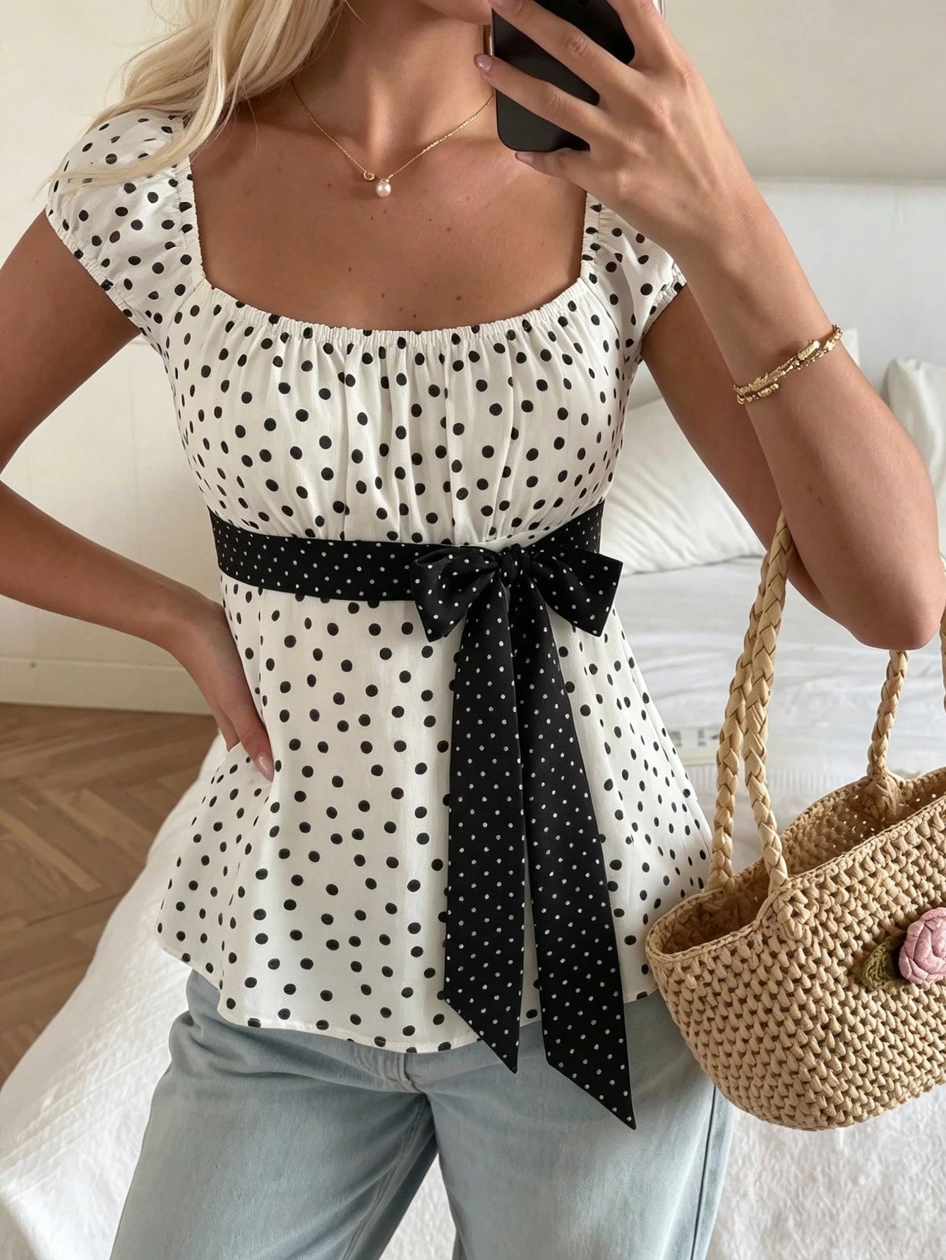 CovetEZ Women's White With Black Polka Dots Summer Elegant French Vacation Top,Square Neck Puff Sleeve Top With Bow Detail Waist Tie, Chic