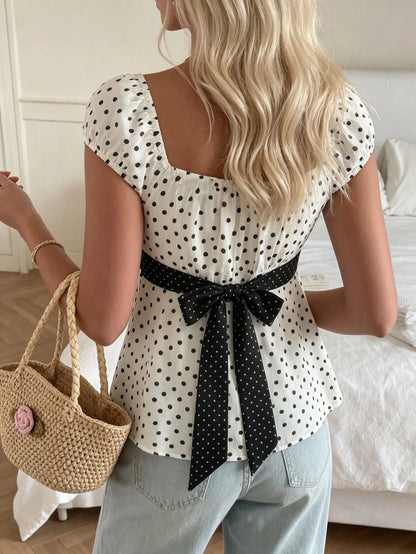 CovetEZ Women's White With Black Polka Dots Summer Elegant French Vacation Top,Square Neck Puff Sleeve Top With Bow Detail Waist Tie, Chic