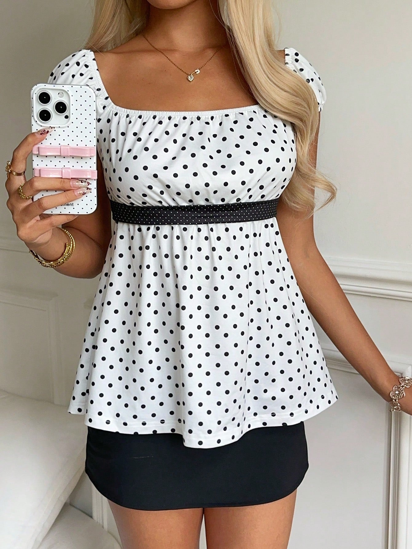 CovetEZ Women's White With Black Polka Dots Summer Elegant French Vacation Top,Square Neck Puff Sleeve Top With Bow Detail Waist Tie, Chic