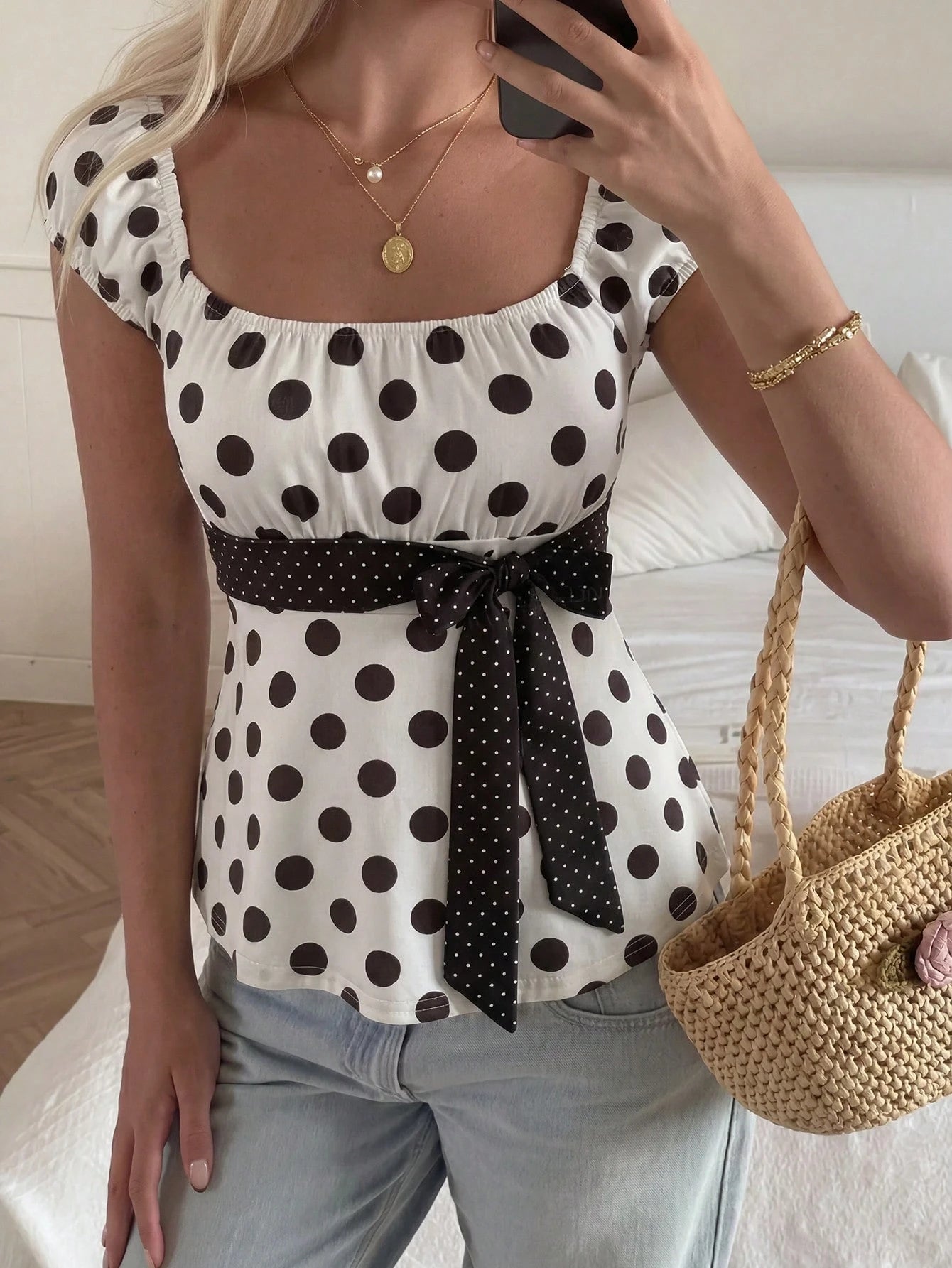 CovetEZ Women's White With Black Polka Dots Summer Elegant French Vacation Top,Square Neck Puff Sleeve Top With Bow Detail Waist Tie, Chic