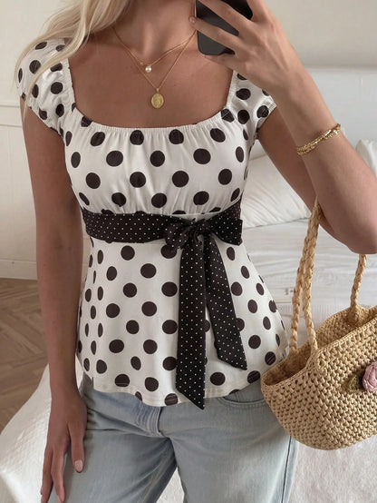 CovetEZ Women's White With Black Polka Dots Summer Elegant French Vacation Top,Square Neck Puff Sleeve Top With Bow Detail Waist Tie, Chic