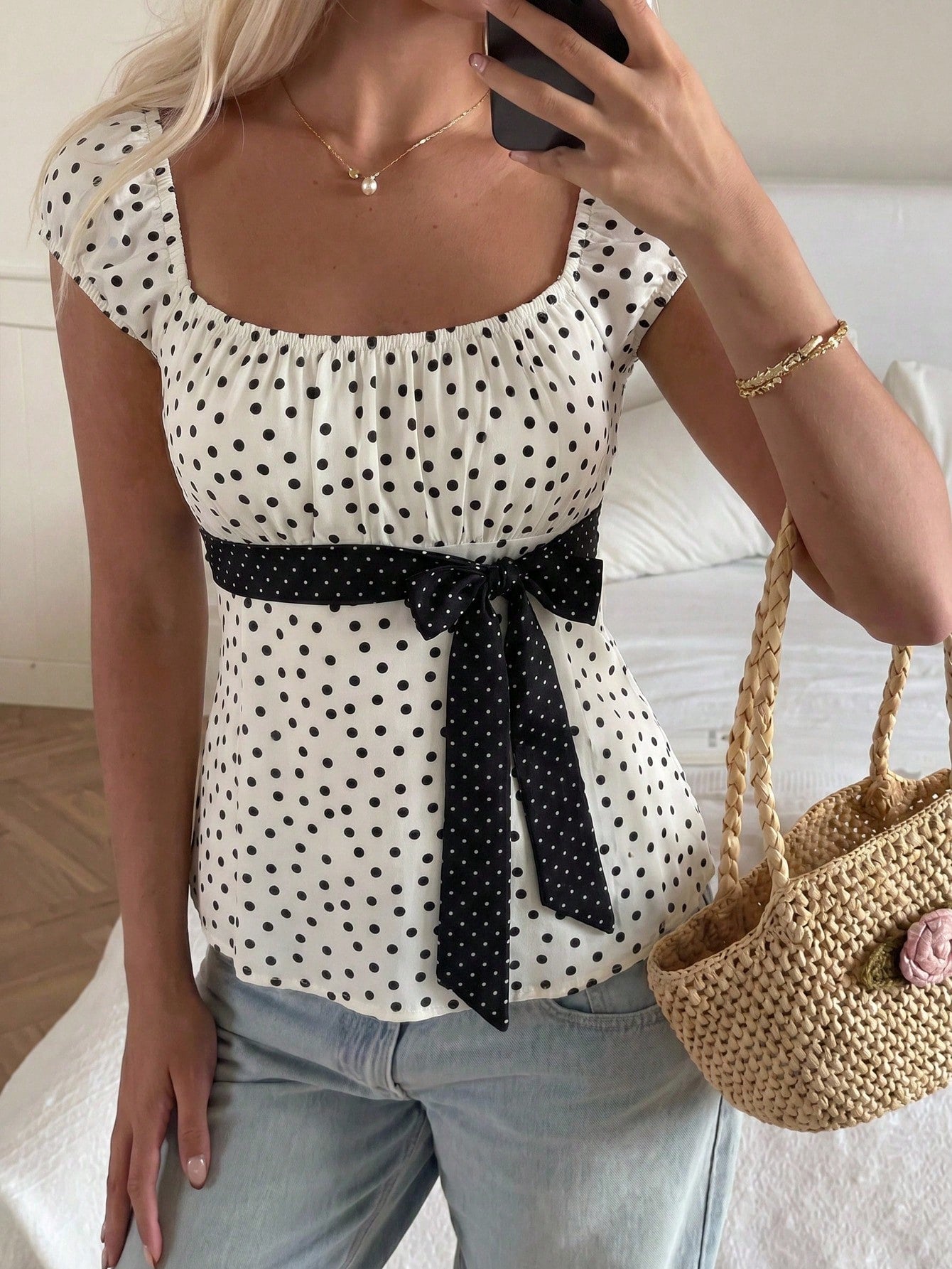 CovetEZ Women's White With Black Polka Dots Summer Elegant French Vacation Top,Square Neck Puff Sleeve Top With Bow Detail Waist Tie, Chic