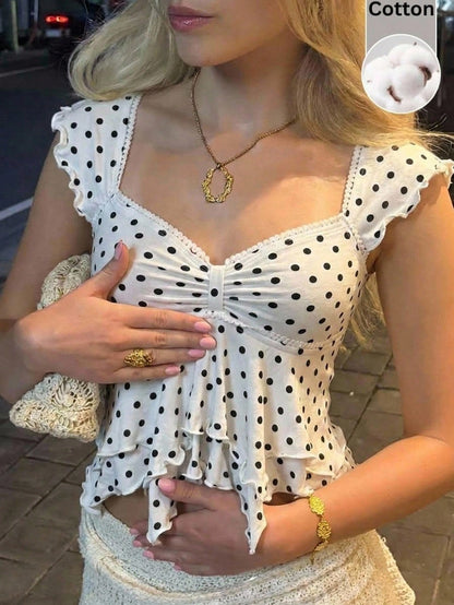 CovetEZ Women's White With Black Polka Dots Sweetheart Neck Ruffle Hem Short Cap Sleeve T-Shirt,Summer Top Vacation Modest Sexy