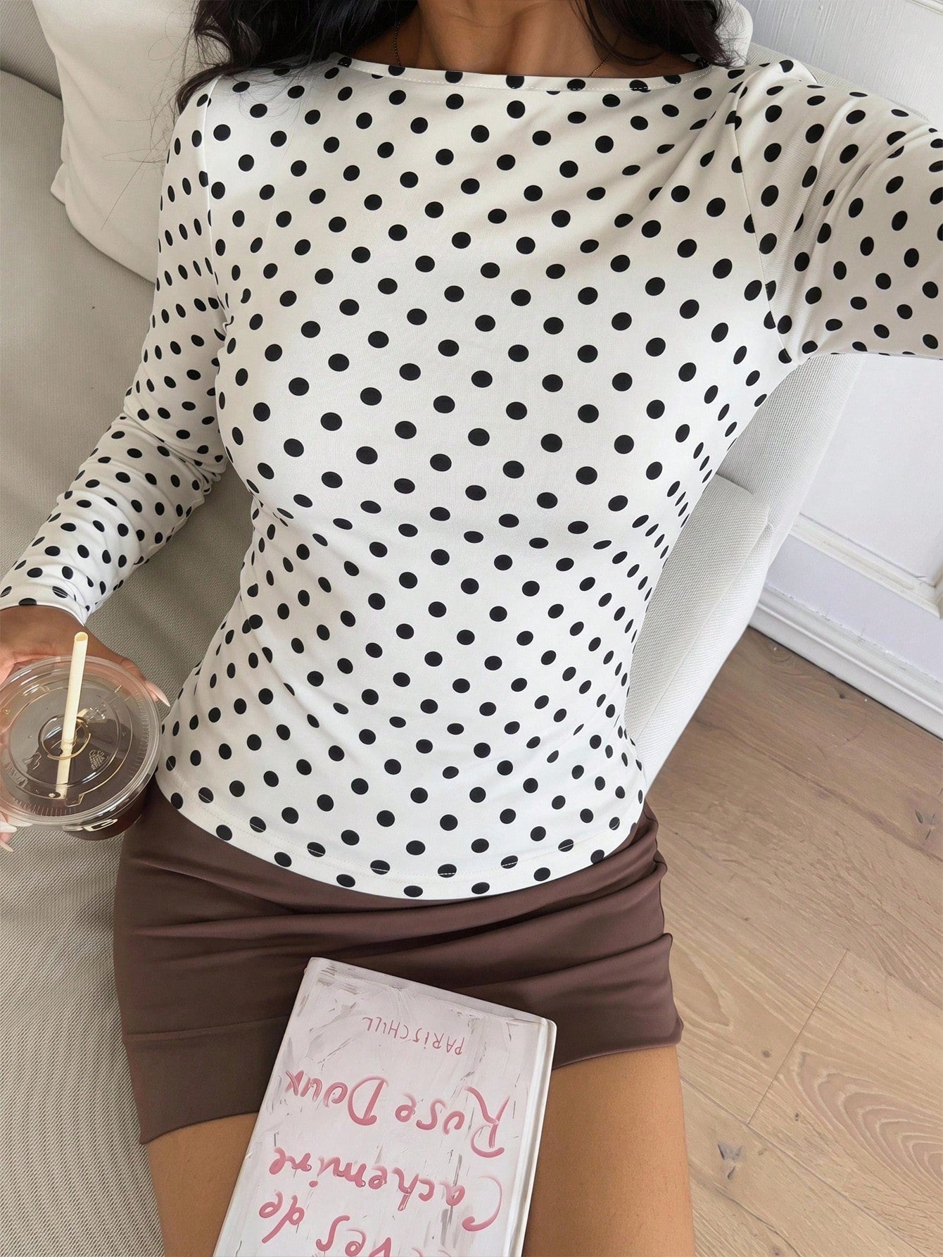 CovetEZ Women's White With Black Polka Dots With Polka Dot Autumn Casual French Long Sleeve T-Shirt, Simple Y2K Elegant Fashion Date Brunch Top