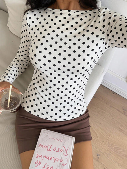 CovetEZ Women's White With Black Polka Dots With Polka Dot Autumn Casual French Long Sleeve T-Shirt, Simple Y2K Elegant Fashion Date Brunch Top