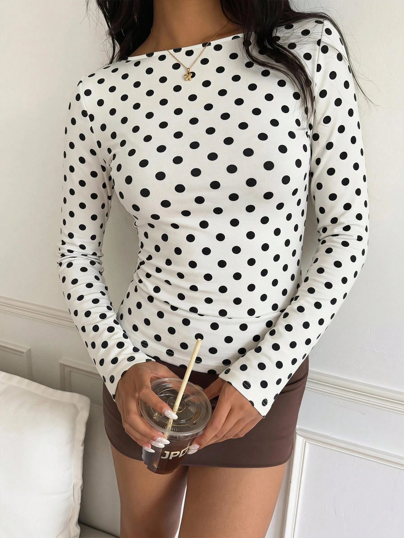 CovetEZ Women's White With Black Polka Dots With Polka Dot Autumn Casual French Long Sleeve T-Shirt, Simple Y2K Elegant Fashion Date Brunch Top