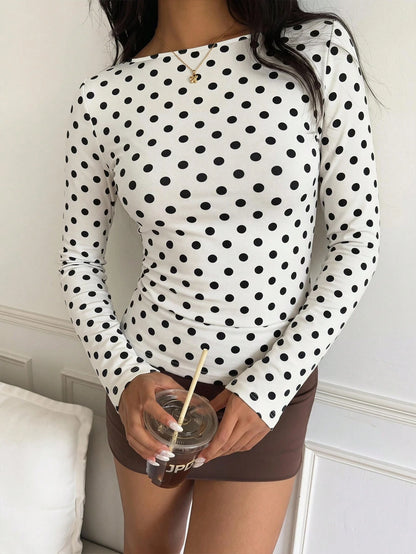 CovetEZ Women's White With Black Polka Dots With Polka Dot Autumn Casual French Long Sleeve T-Shirt, Simple Y2K Elegant Fashion Date Brunch Top