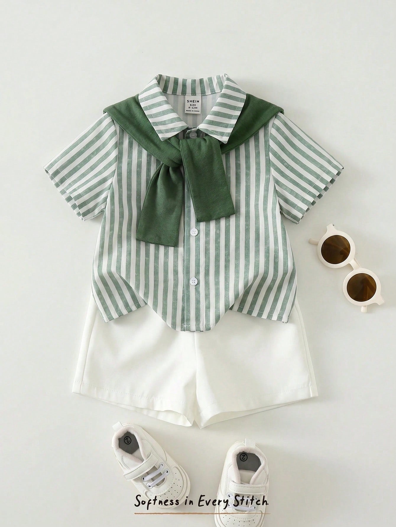 Cozy Pixies 3pcs Baby Boy Set: Solid Color Shawl Collar Striped Short Sleeve Cardigan Shirt And Elastic Waist Shorts