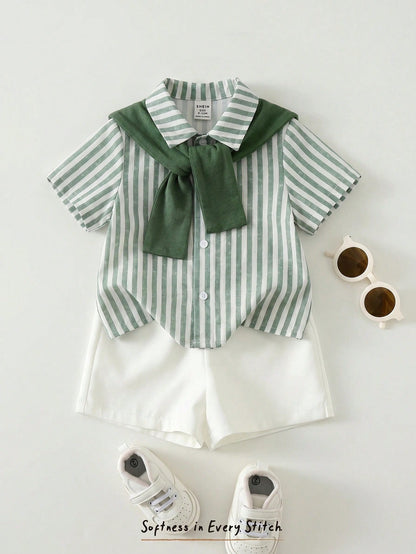 Cozy Pixies 3pcs Baby Boy Set: Solid Color Shawl Collar Striped Short Sleeve Cardigan Shirt And Elastic Waist Shorts