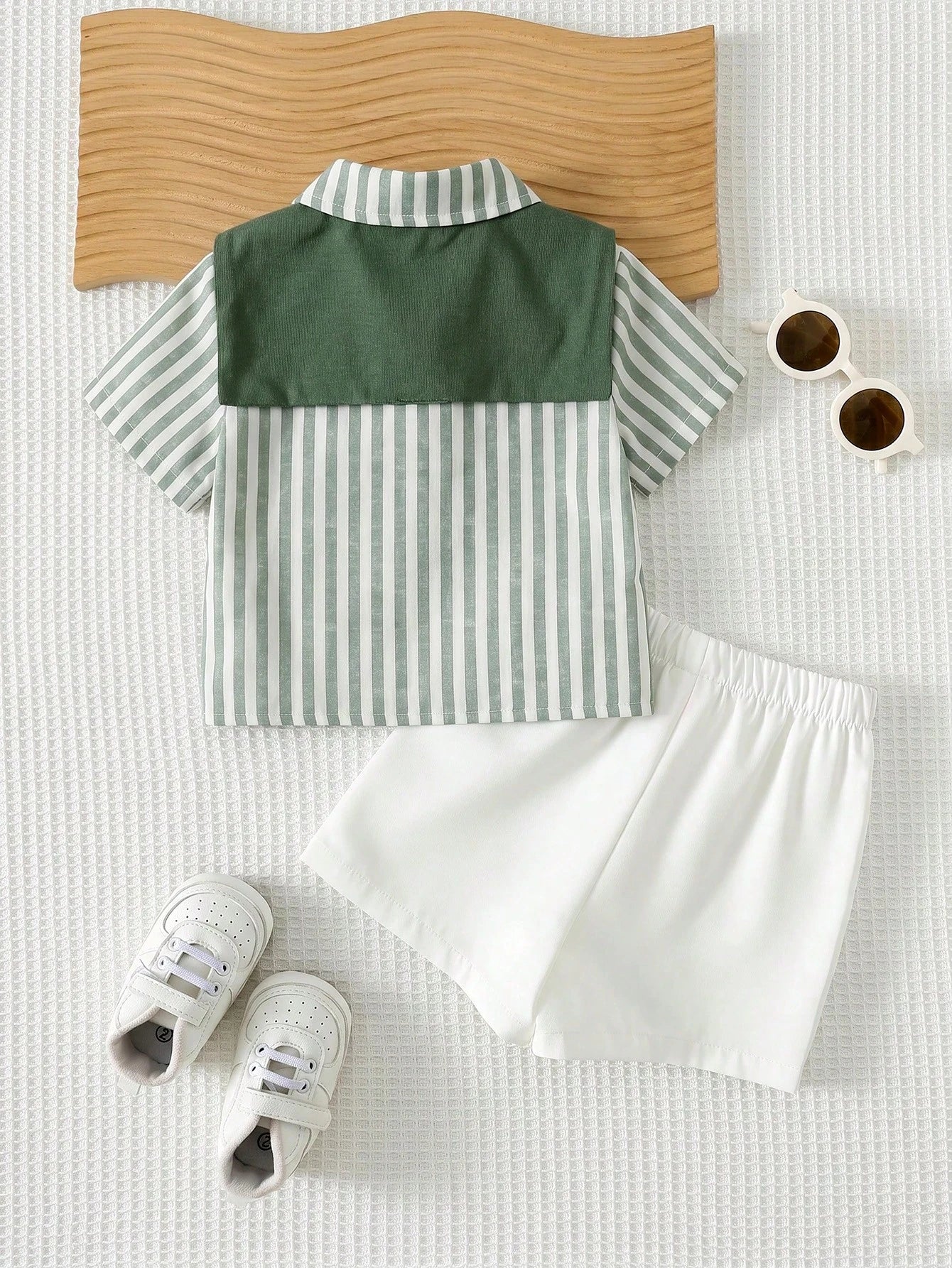 Cozy Pixies 3pcs Baby Boy Set: Solid Color Shawl Collar Striped Short Sleeve Cardigan Shirt And Elastic Waist Shorts