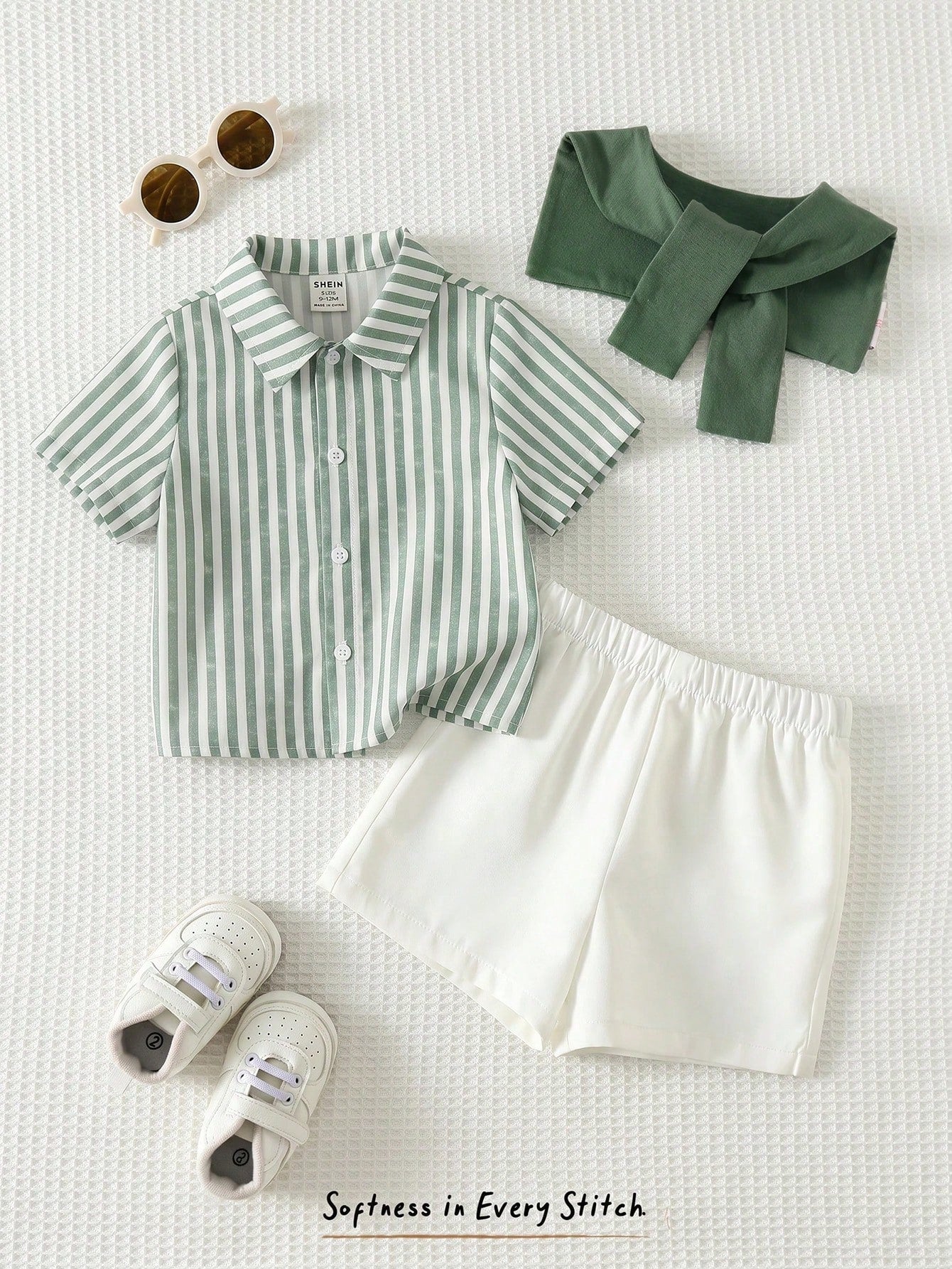 Cozy Pixies 3pcs Baby Boy Set: Solid Color Shawl Collar Striped Short Sleeve Cardigan Shirt And Elastic Waist Shorts