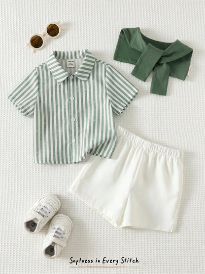 Cozy Pixies 3pcs Baby Boy Set: Solid Color Shawl Collar Striped Short Sleeve Cardigan Shirt And Elastic Waist Shorts