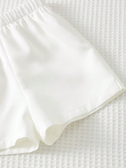 Cozy Pixies 3pcs Baby Boy Set: Solid Color Shawl Collar Striped Short Sleeve Cardigan Shirt And Elastic Waist Shorts