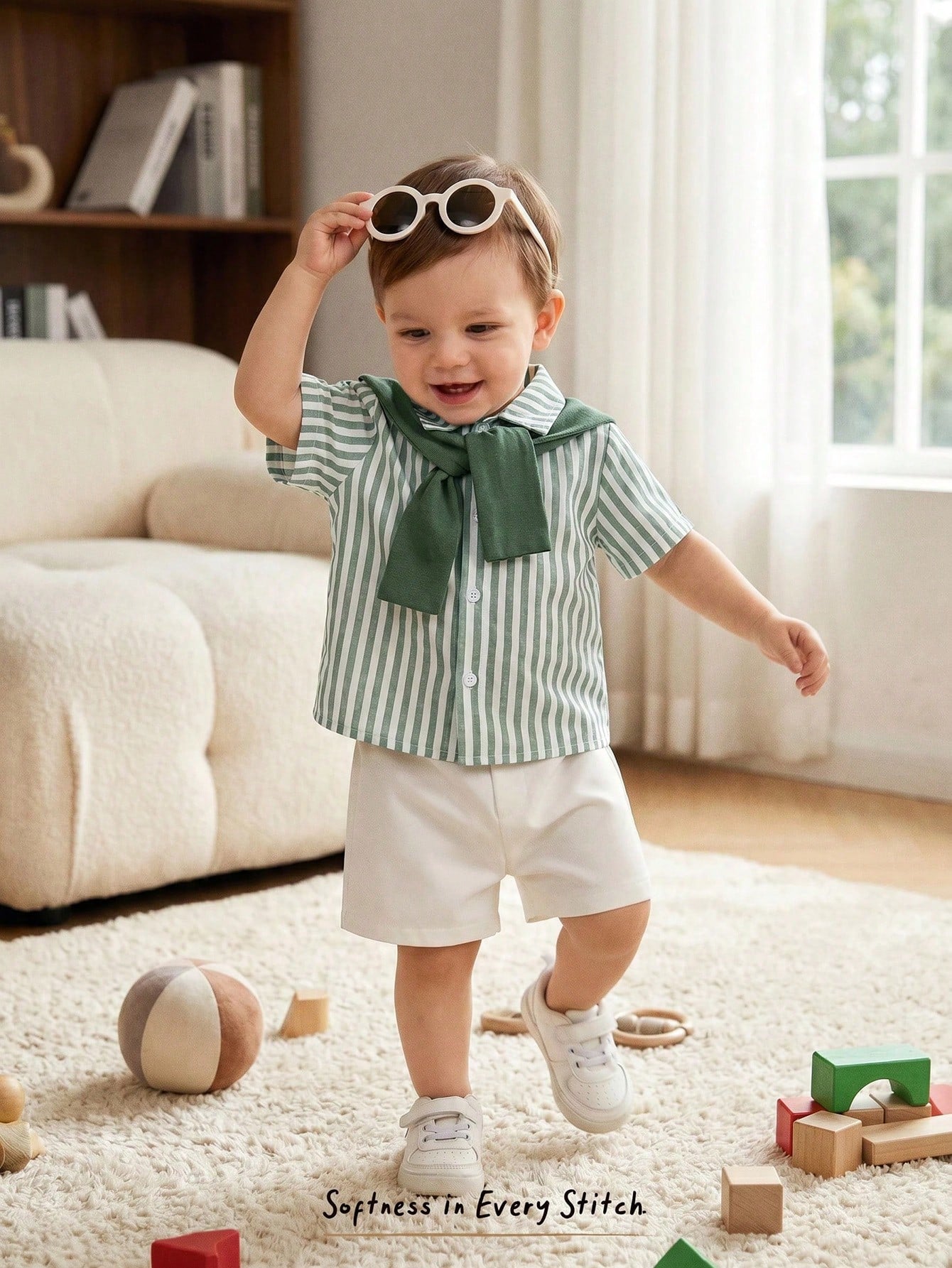 Cozy Pixies 3pcs Baby Boy Set: Solid Color Shawl Collar Striped Short Sleeve Cardigan Shirt And Elastic Waist Shorts