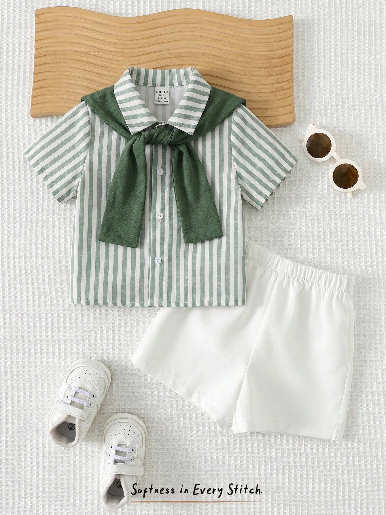Cozy Pixies 3pcs Baby Boy Set: Solid Color Shawl Collar Striped Short Sleeve Cardigan Shirt And Elastic Waist Shorts