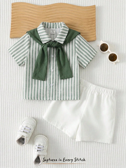 Cozy Pixies 3pcs Baby Boy Set: Solid Color Shawl Collar Striped Short Sleeve Cardigan Shirt And Elastic Waist Shorts
