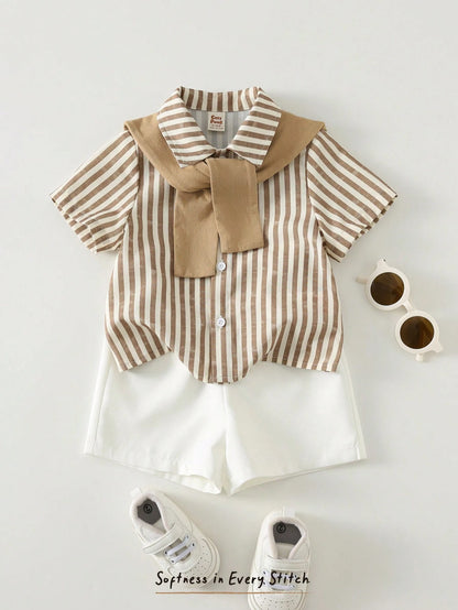 Cozy Pixies 3pcs Baby Boy Set: Solid Color Shawl Collar Striped Short Sleeve Cardigan Shirt And Elastic Waist Shorts