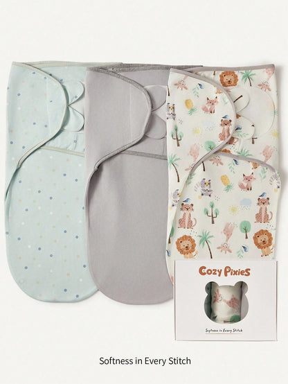 Cozy Pixies 3pcs/Set Soft Polka Dot Animal Print Swaddle Blanket Gift Box Set For Newborn
