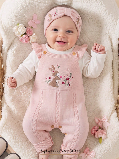 Cozy Pixies Baby Baby Girl Newborn Girl Romper, Knitted Jumpsuit, Long Autumn Winter Pants, Embroidered Craft, Rabbit Floral Pattern
