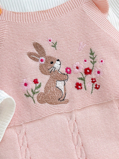 Cozy Pixies Baby Baby Girl Newborn Girl Romper, Knitted Jumpsuit, Long Autumn Winter Pants, Embroidered Craft, Rabbit Floral Pattern