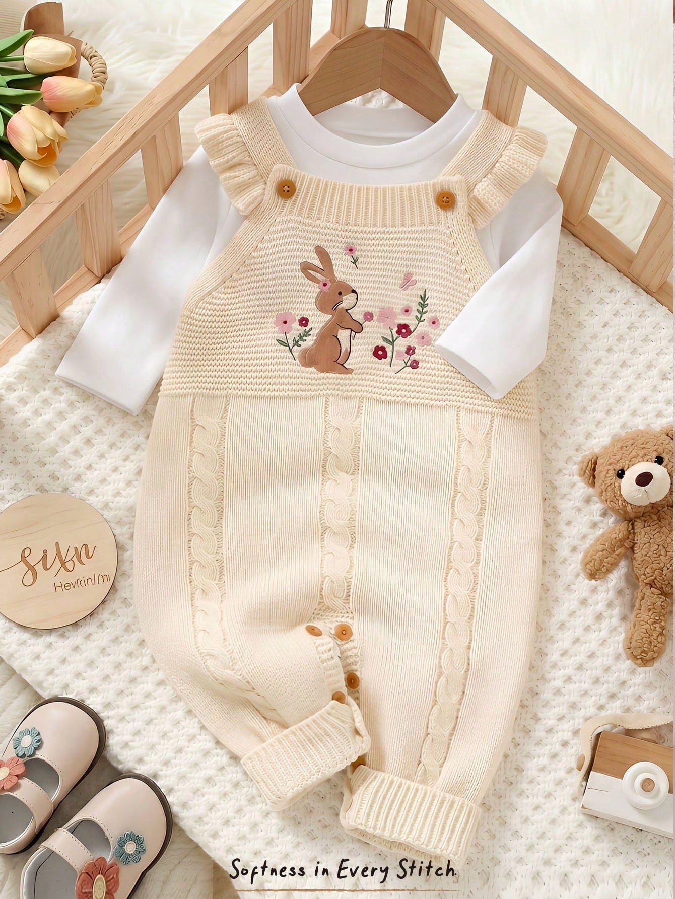 Cozy Pixies Baby Baby Girl Newborn Girl Romper, Knitted Jumpsuit, Long Autumn Winter Pants, Embroidered Craft, Rabbit Floral Pattern
