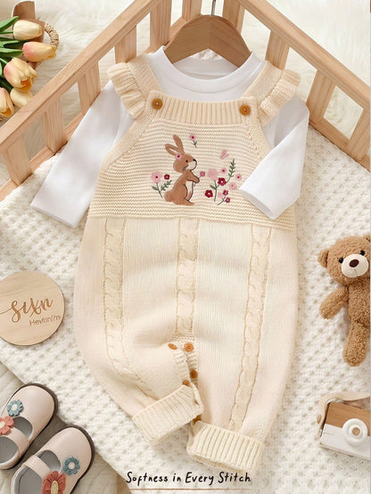 Cozy Pixies Baby Baby Girl Newborn Girl Romper, Knitted Jumpsuit, Long Autumn Winter Pants, Embroidered Craft, Rabbit Floral Pattern