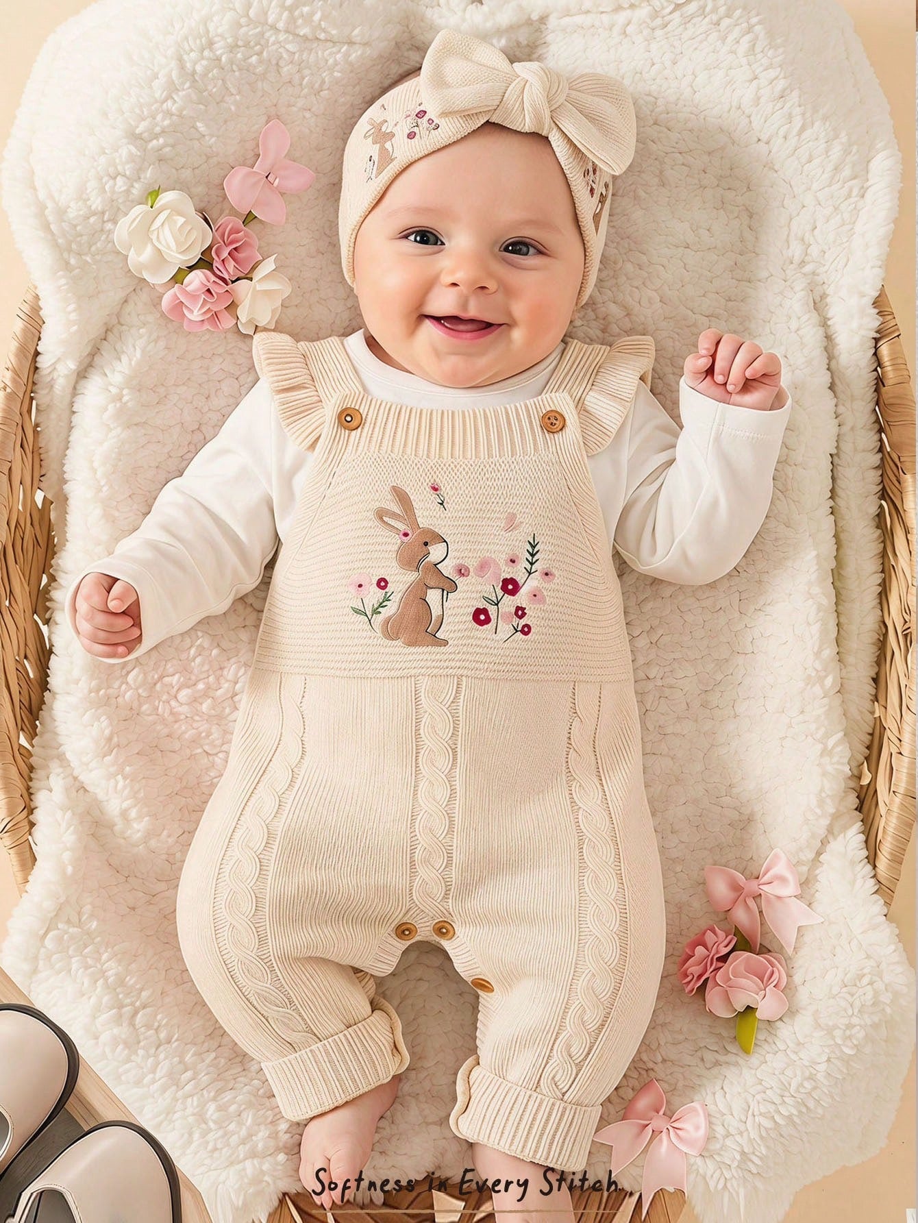 Cozy Pixies Baby Baby Girl Newborn Girl Romper, Knitted Jumpsuit, Long Autumn Winter Pants, Embroidered Craft, Rabbit Floral Pattern