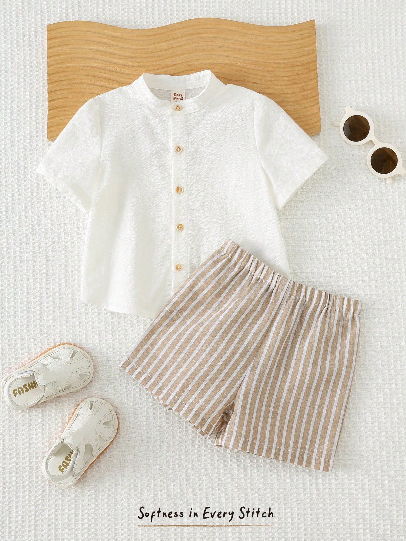 Cozy Pixies Baby Boy Solid Color Versatile Comfortable Stand Collar Short Sleeve Cardigan Shirt And Elastic Waist Shorts 2-Piece Set