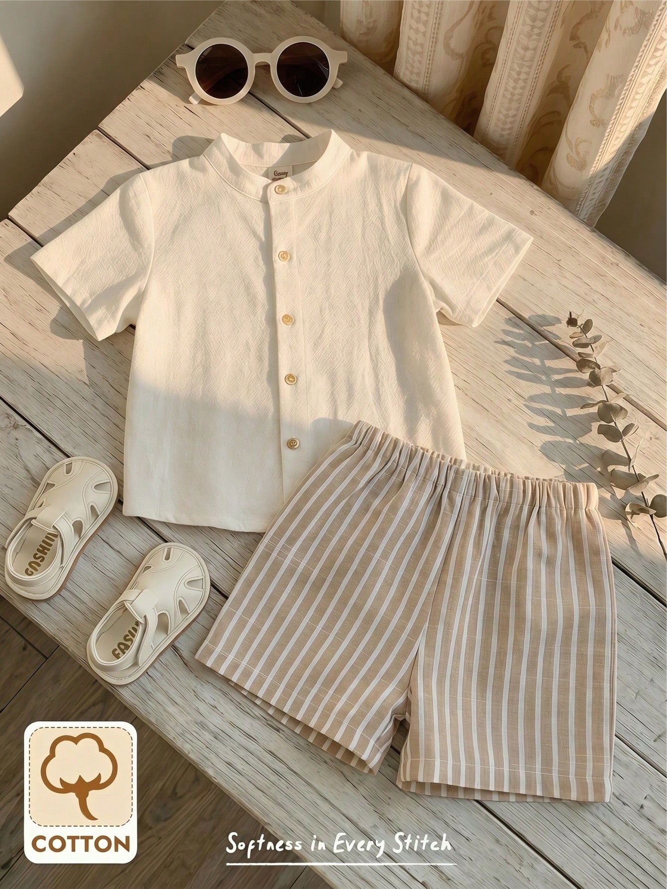 Cozy Pixies Baby Boy Solid Color Versatile Comfortable Stand Collar Short Sleeve Cardigan Shirt And Elastic Waist Shorts 2-Piece Set