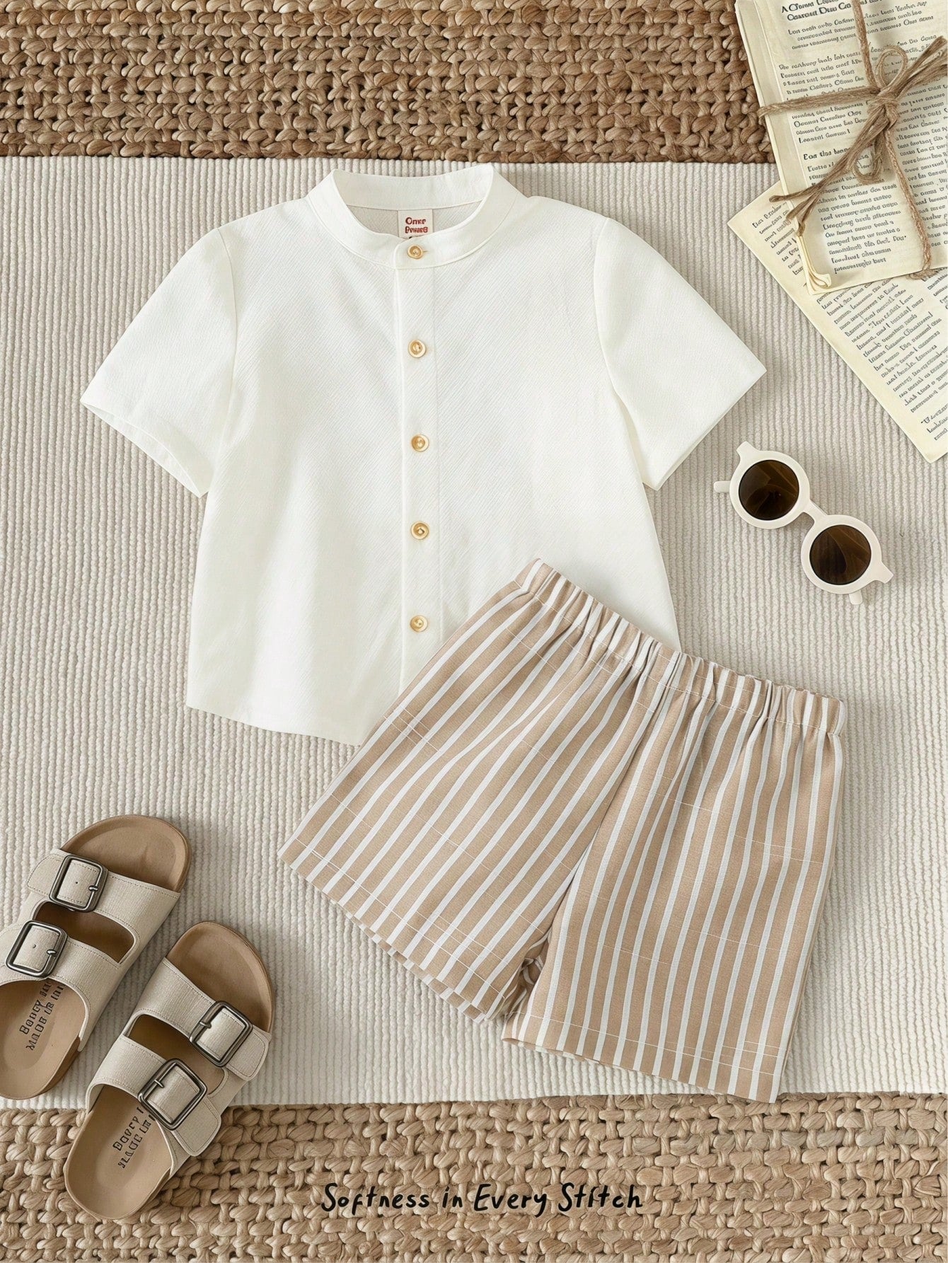 Cozy Pixies Baby Boy Solid Color Versatile Comfortable Stand Collar Short Sleeve Cardigan Shirt And Elastic Waist Shorts 2-Piece Set