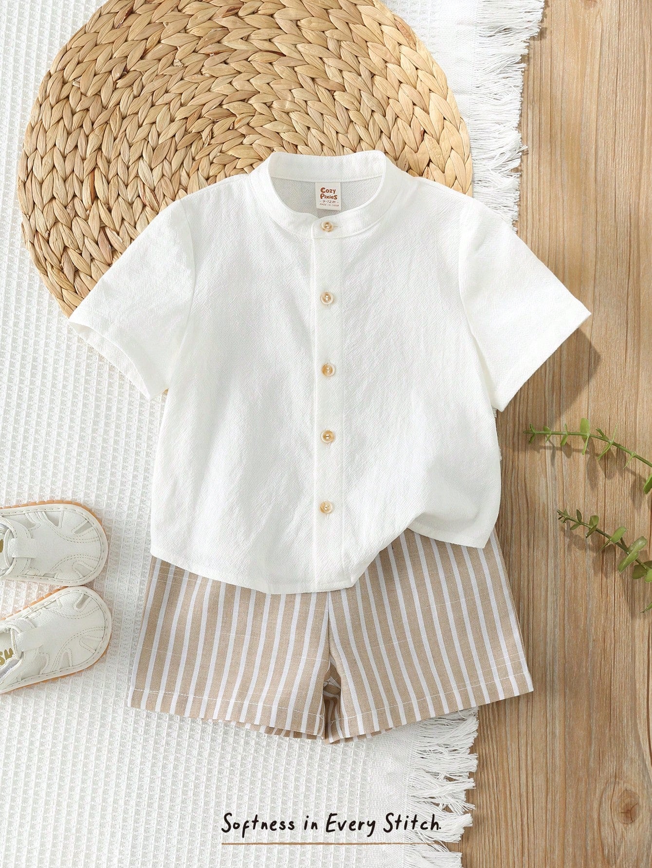 Cozy Pixies Baby Boy Solid Color Versatile Comfortable Stand Collar Short Sleeve Cardigan Shirt And Elastic Waist Shorts 2-Piece Set