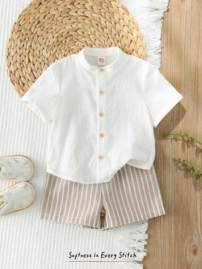 Cozy Pixies Baby Boy Solid Color Versatile Comfortable Stand Collar Short Sleeve Cardigan Shirt And Elastic Waist Shorts 2-Piece Set