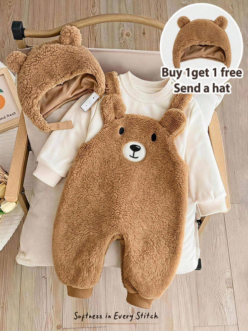 Cozy Pixies Baby Girl Cartoon Bear Pattern Thermal Lined Thick Overalls & Long Sleeve Hat 2pcs Set