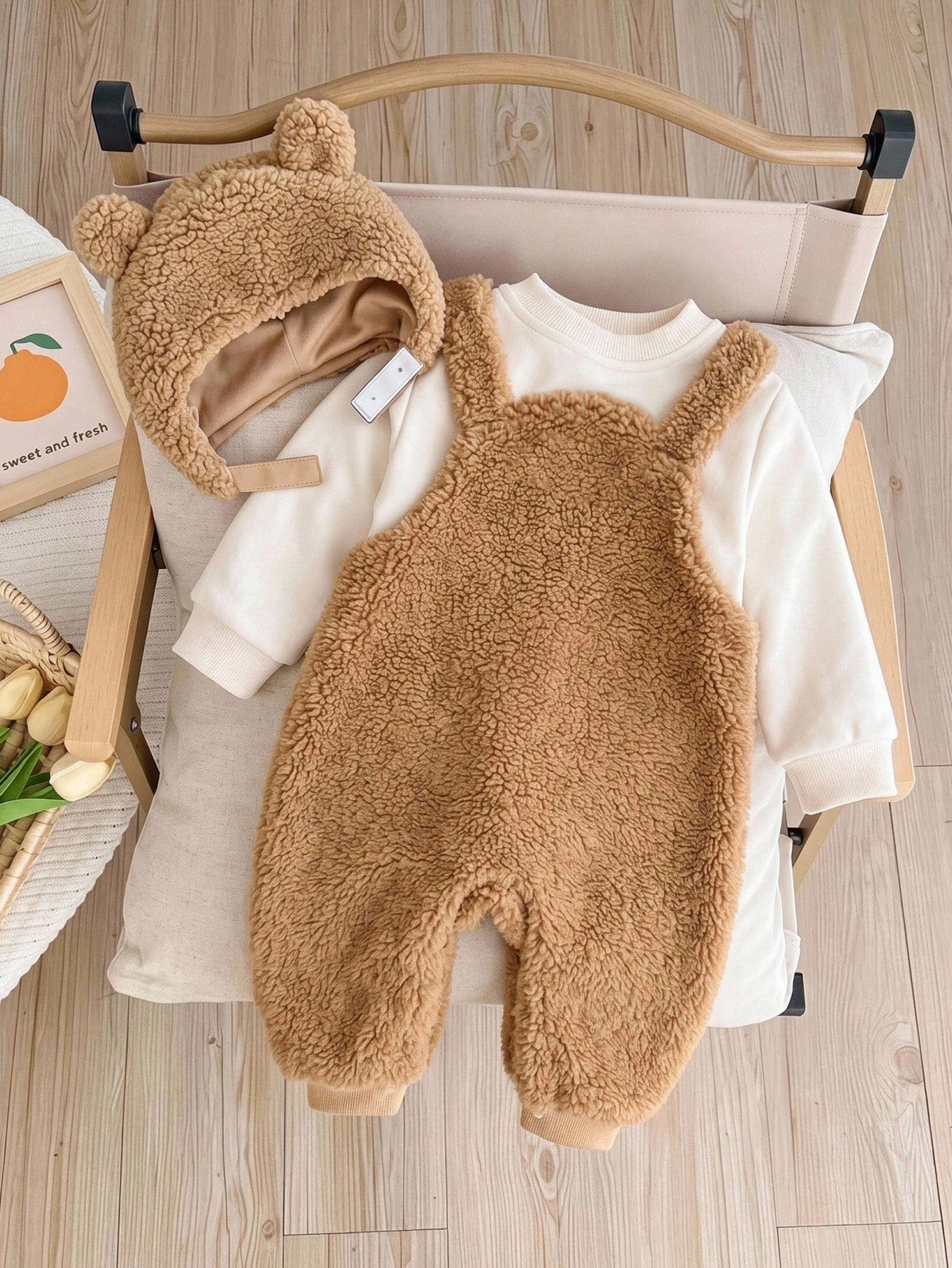 Cozy Pixies Baby Girl Cartoon Bear Pattern Thermal Lined Thick Overalls & Long Sleeve Hat 2pcs Set