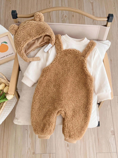 Cozy Pixies Baby Girl Cartoon Bear Pattern Thermal Lined Thick Overalls & Long Sleeve Hat 2pcs Set