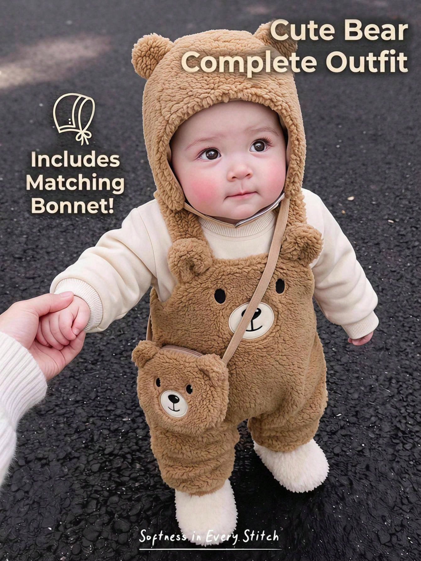 Cozy Pixies Baby Girl Cartoon Bear Pattern Thermal Lined Thick Overalls & Long Sleeve Hat 2pcs Set