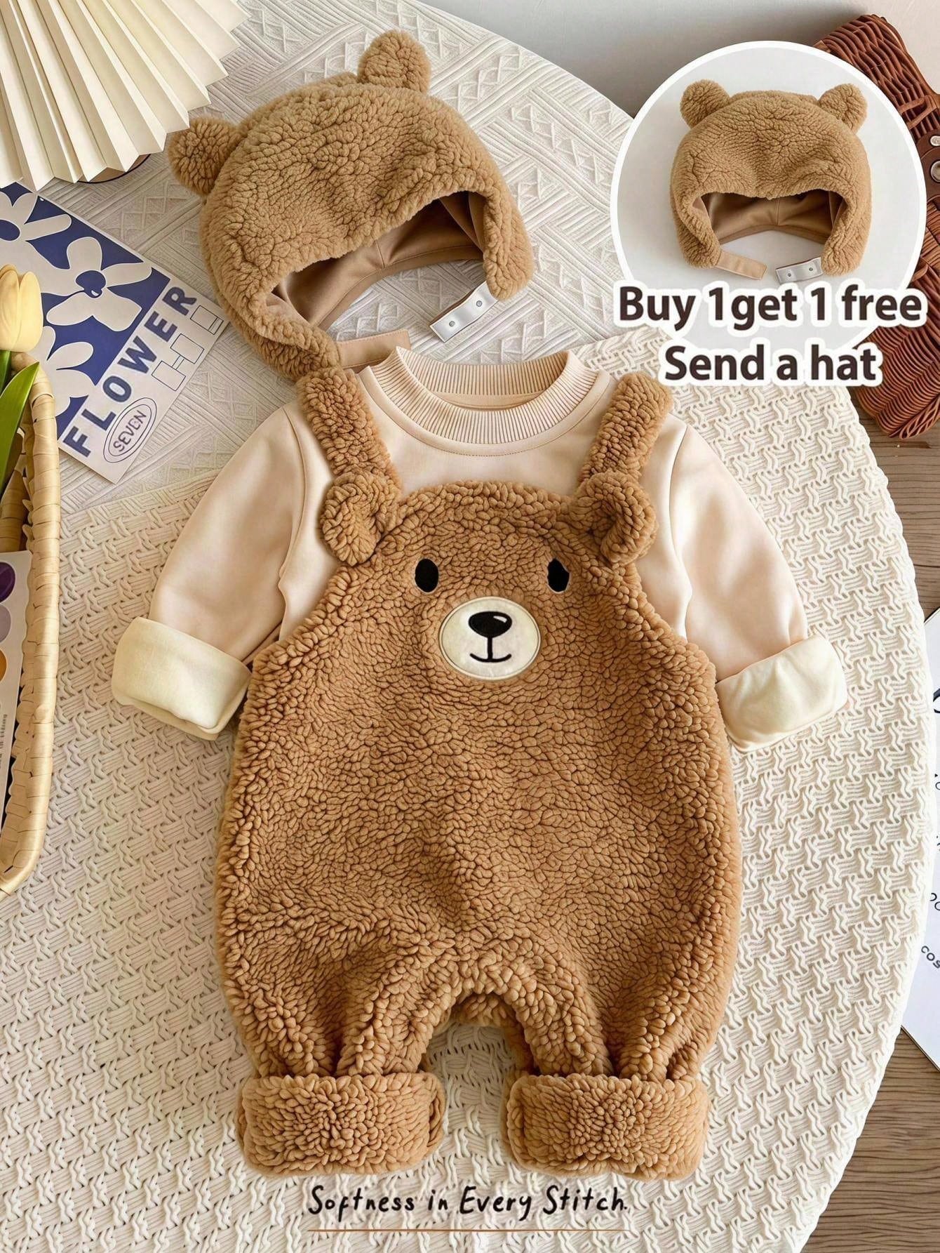 Cozy Pixies Baby Girl Cartoon Bear Pattern Thermal Lined Thick Overalls & Long Sleeve Hat 2pcs Set